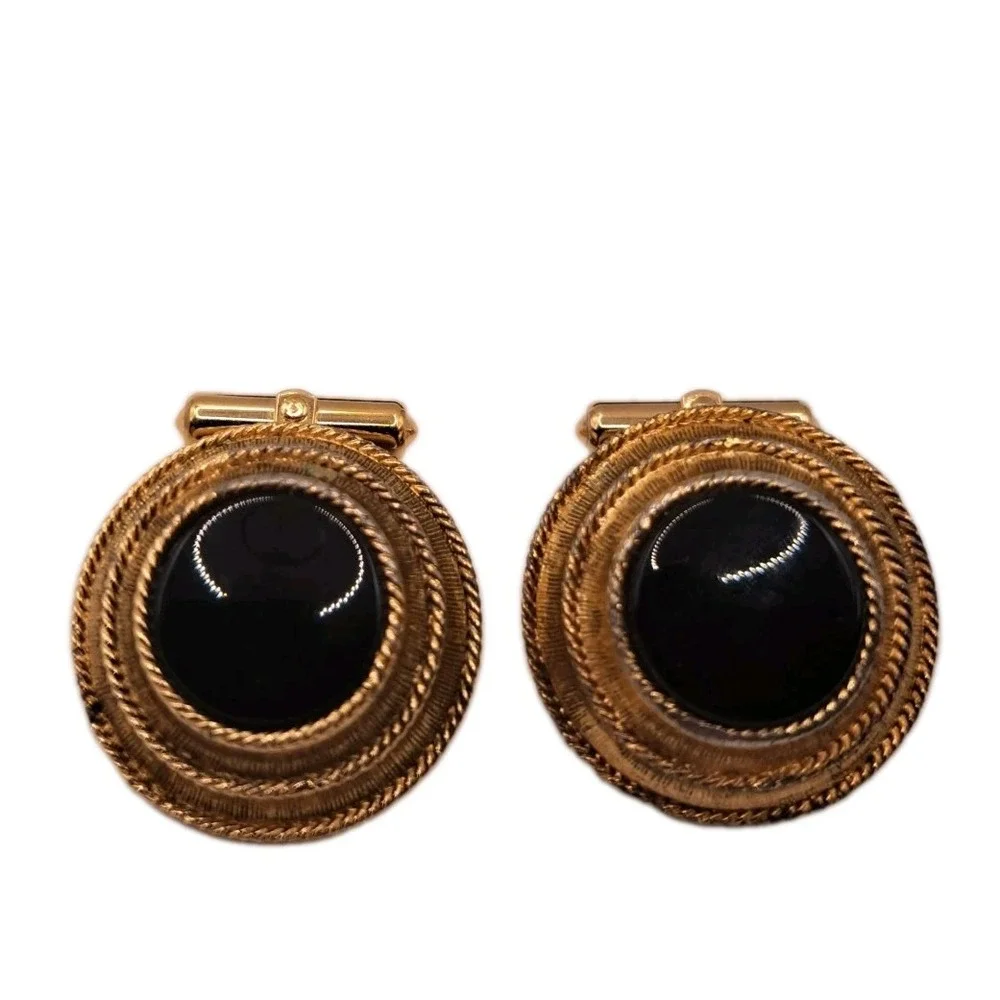 Vintage Christian Dior by Destino Gold Tone Cufflinks, Black Onyx Cabochon